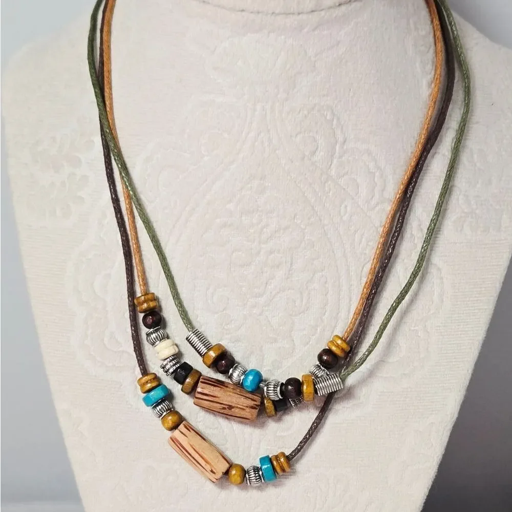 Bohemian Layered Wood Bead Necklace Bracelet Set Adjustable Faux Leather Unisex